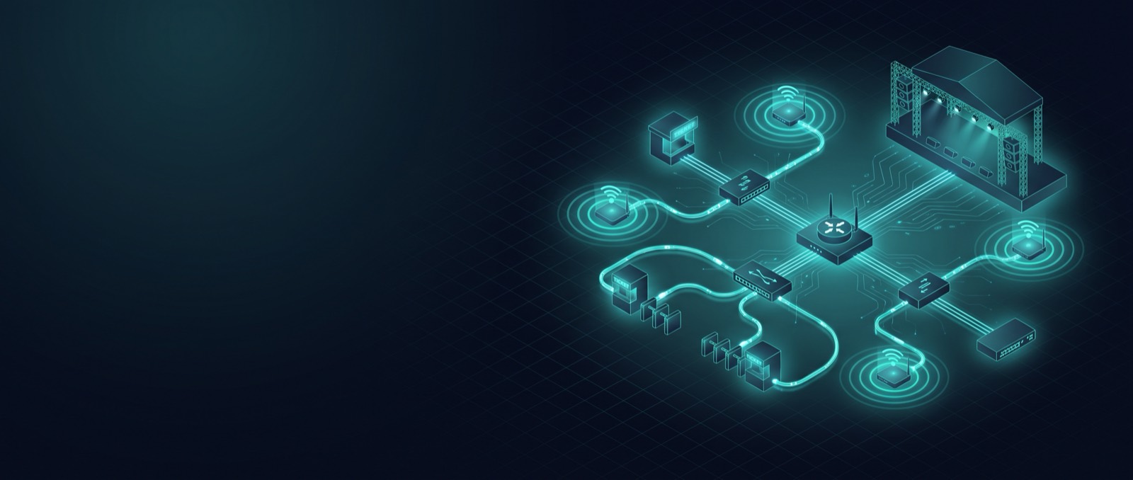 Ilustración: red de un recinto con switches y puntos de acceso
